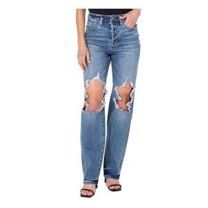 EARNEST SEWN NEW YORK Womens Blue Denim Distressed Fly High Waist Jeans 28
